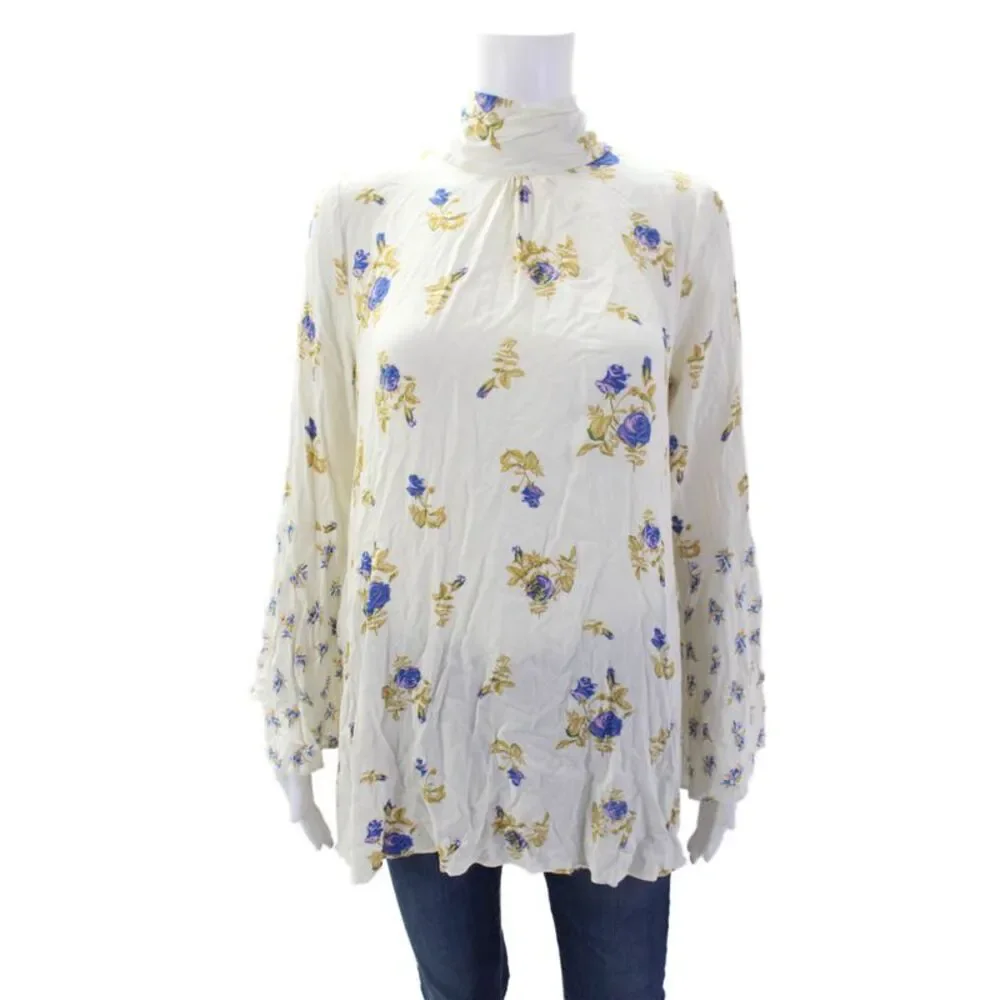 Free People Womens Floral Print Blouse White Multi Colored Size Medium